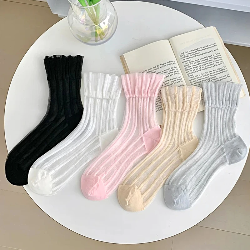 New Summer Breathable Ultra Thin Sock Women Transparent Lace Silk Crystal Vertical Stripes Girls Elastic Short Sock Female Sox