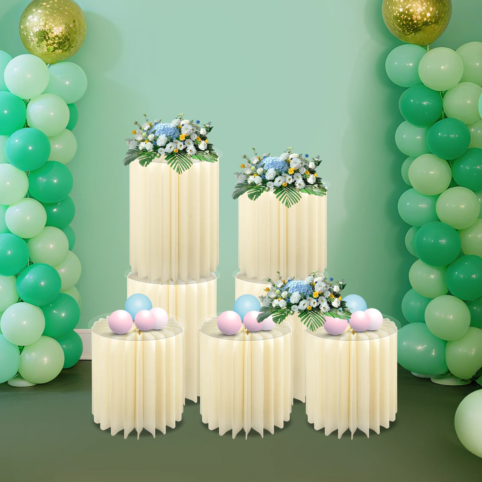 

7PCS Beige Foldable Paper Cake Display Stand Cylinder Flowers Stand Foldable Flower Stand Decorative Column with Clear PVC Panel