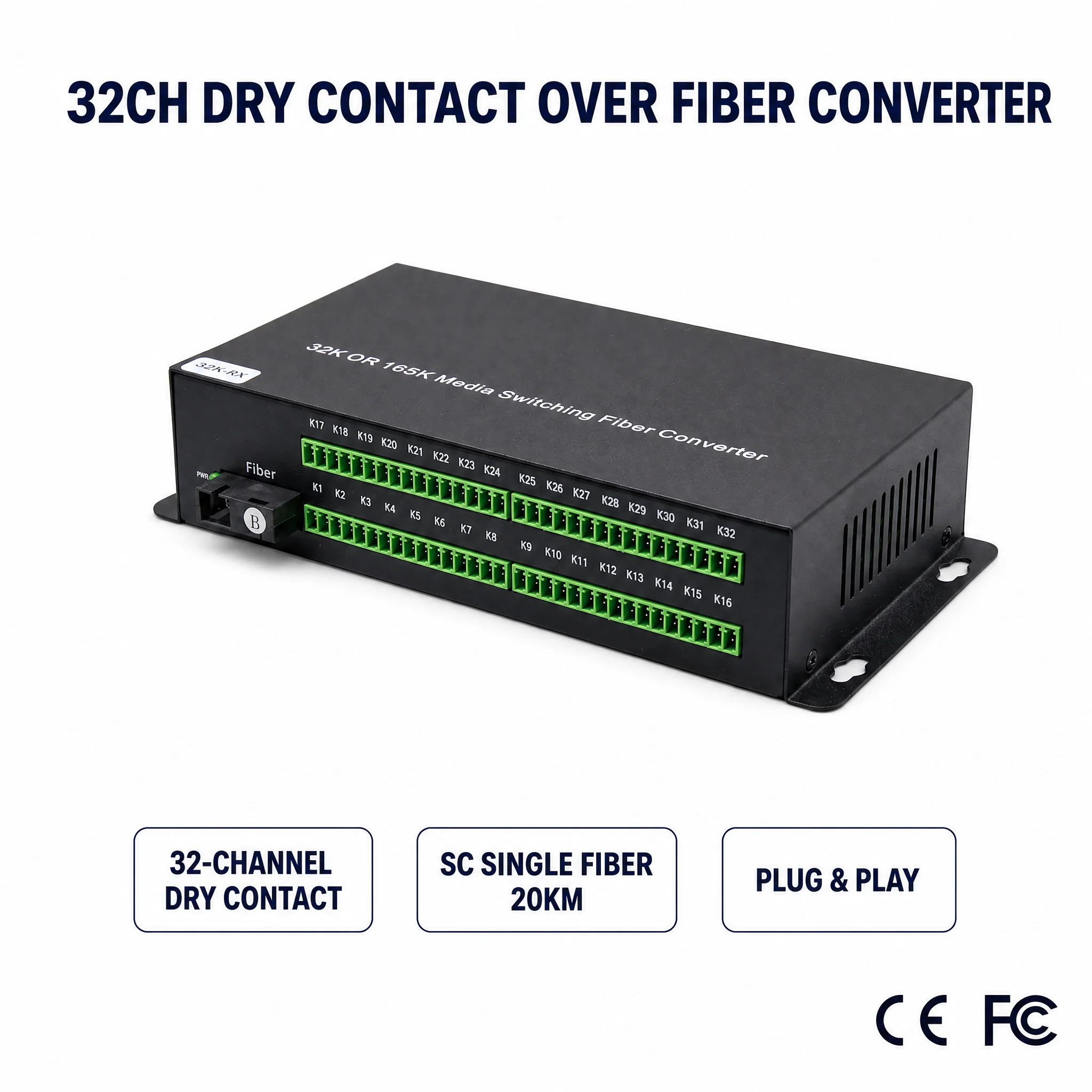 32 Channel Dry Contact Closure Fiber Optic Converter Uni-directional NO/NC SC Single Mode Fiber 20km Wall Mount for Fire Alarm