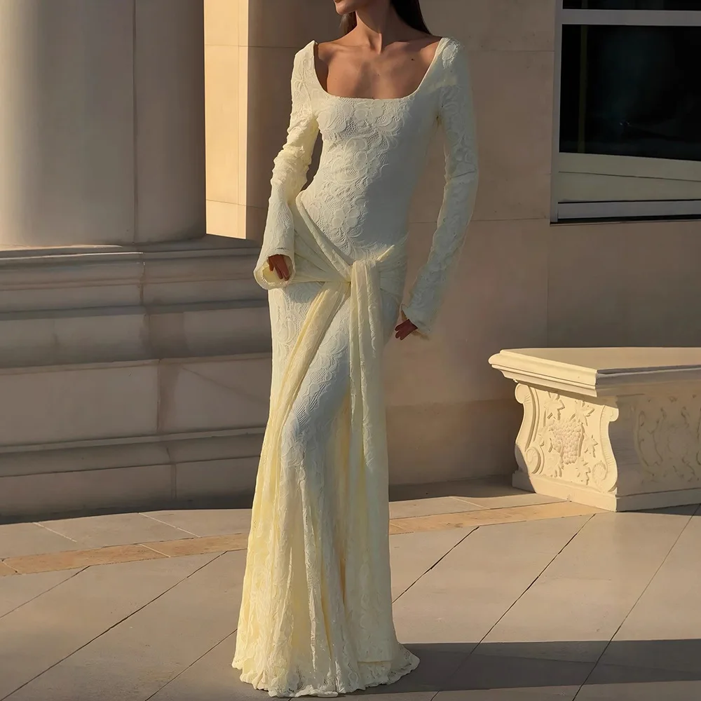 

Women's Floral Embroidery Square Neck Long Sleeve Slim Fit Elegant Evening Dress