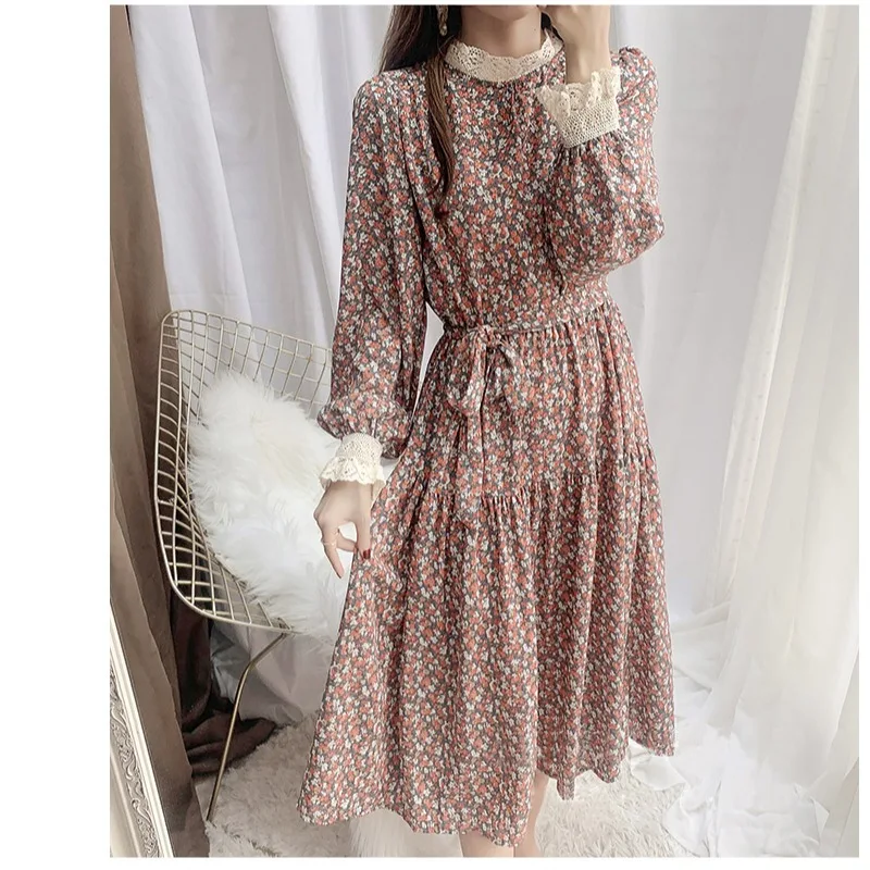 

Autumn Winter Women Chiffon Long 2023 Sleeve Two Layers Dress Fashion Female Vintage Printed Casual Loose A-line Dresses Vestido