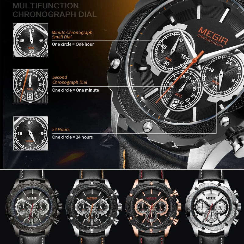 Megir Chronograph Sport Watch For Men Military Quartz WristWatch Luminous Waterproof New Relógios Masculino Frete Grátis Relogio