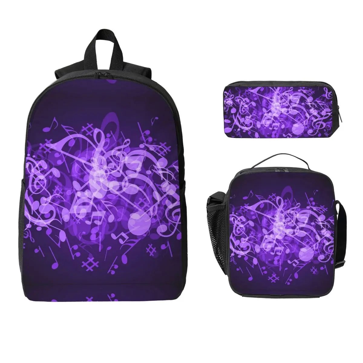 Purple Glow Music Notes Backpack Student Boy Girls BookBag School Bag Computer Shoulder Bags 3ps Insulated Lunch Bag Pencil Case