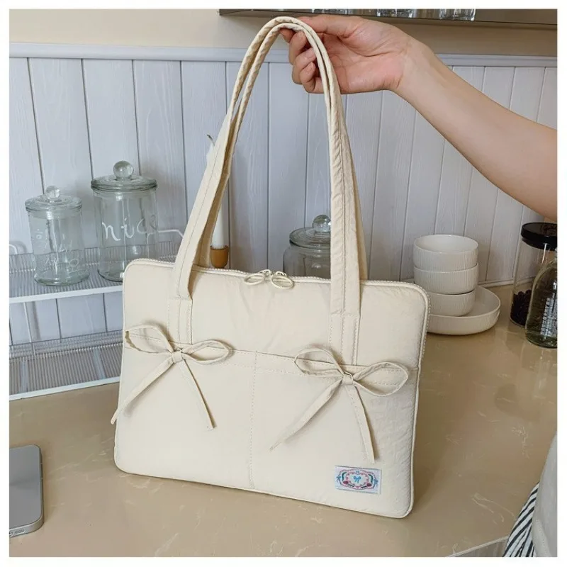 Women's Laptop Tote Bag, Korean Style Bow Pleated Design, Large Capacity Casual Commuter Shoulder Bag, Portable Notebook Handbag