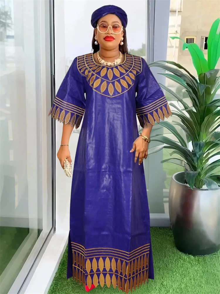 

African Traditional Bazin Dresses Elegant Women Wedding Party Evening Gown Plus Size Maxi Robe Dashiki Embroidery Africa Clothes