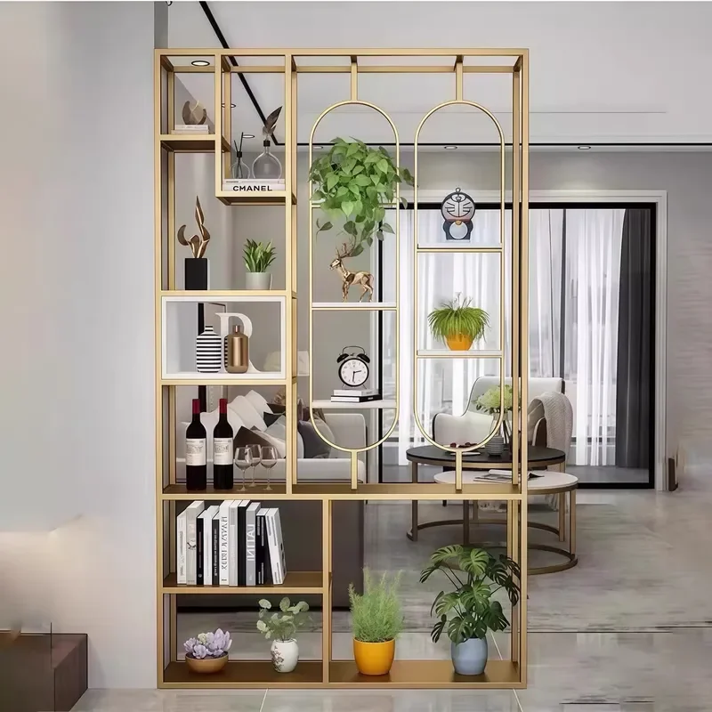 Wrought Iron Entryway Screen Shelf Solid Wood Floor Bookcase Hollow Partition Wall Decor Living Room Entrance Storage Rack