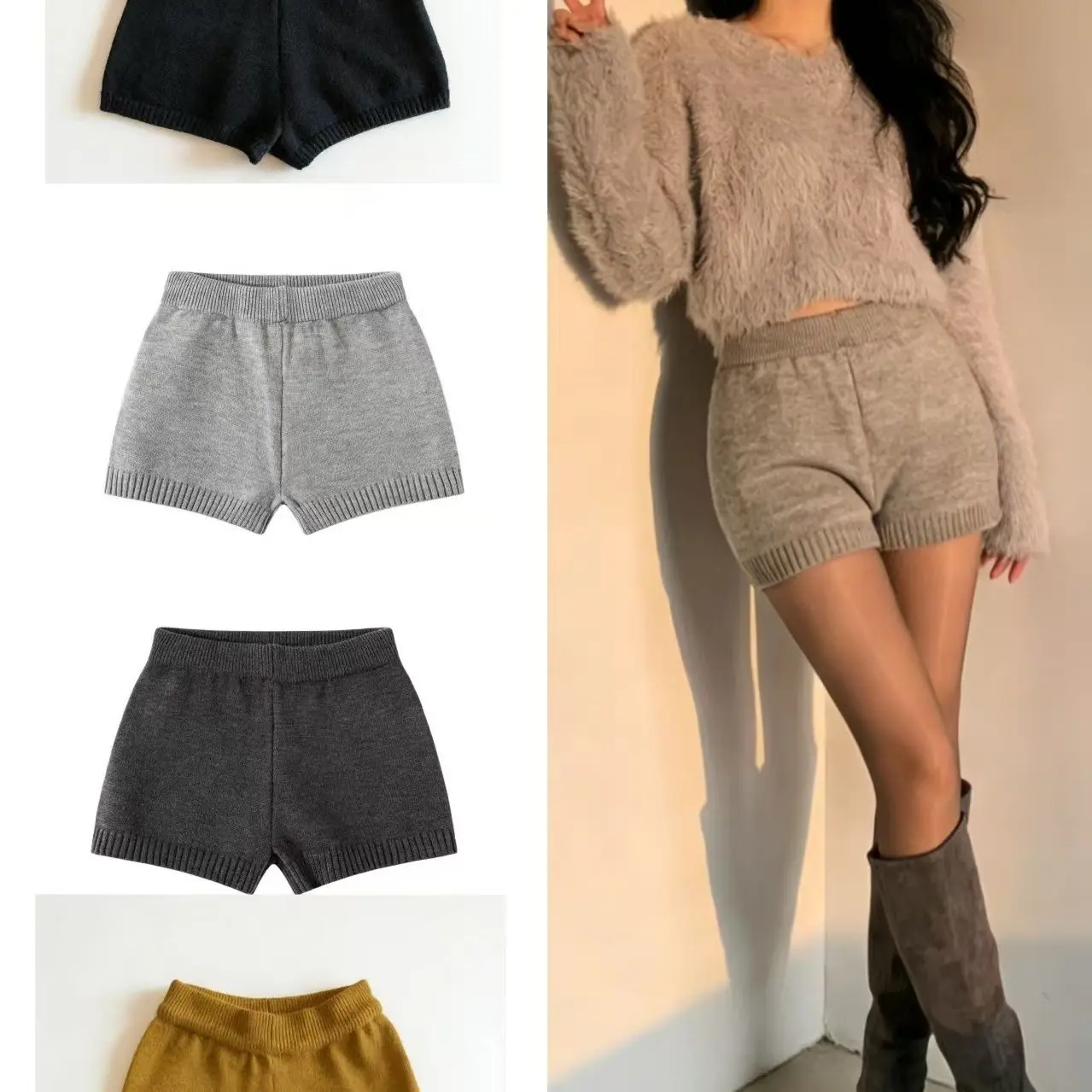 Women Knit Thermal Shorts High Waist Solid Hip Lift Warm Base Layer Pants Autumn Casual Fashion Loungewear Bottoms For Ladies