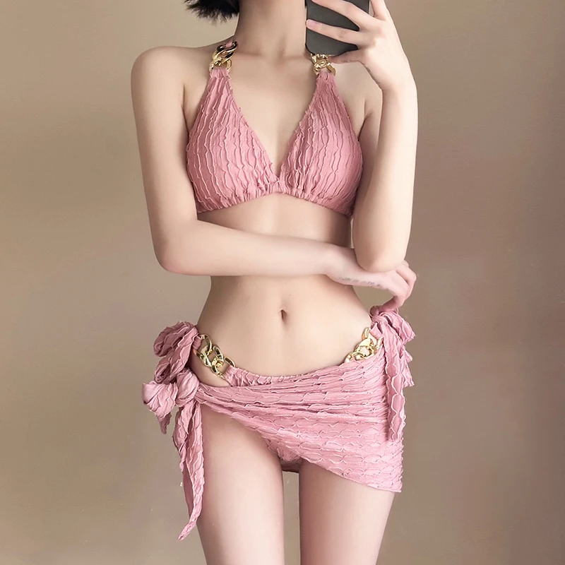 

Women's Bikini Swimsuit 2026 New Sle Tee-Piece Set Sexy Small Chest Vaion White Swimwear Skirt Design