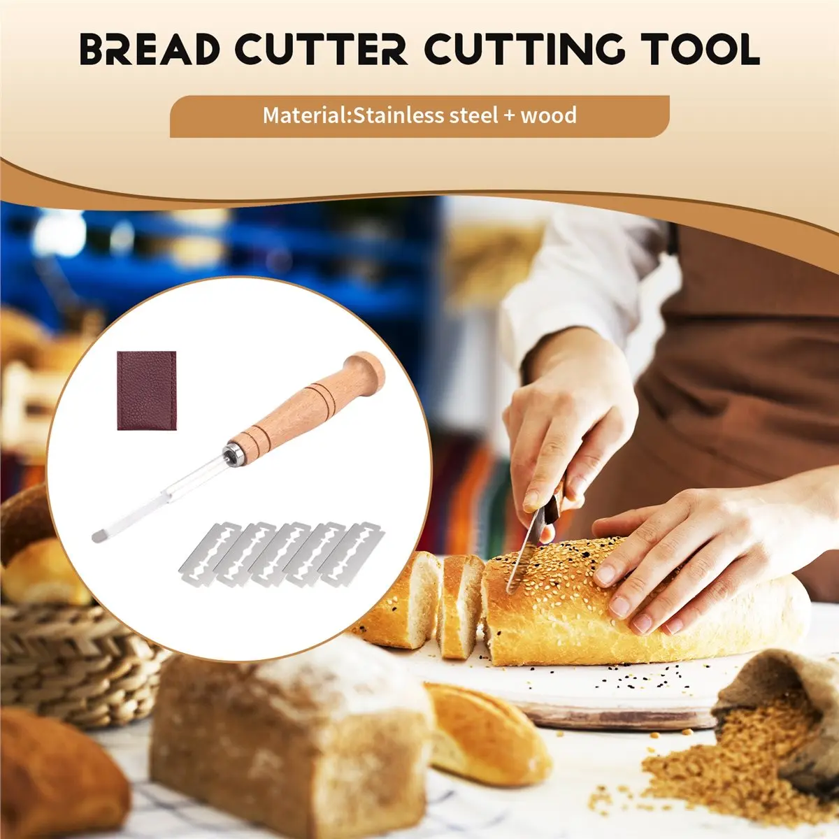 Bread Bakers Cutter Slashing Tool Dough Making Wood Handle Bakeware for Bread Bakeware Kitchen with 5X Blades &LICG