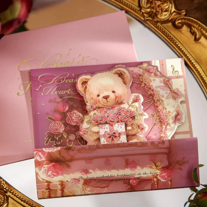 

Cards Pink Bear Heart Song Series 3d Birthday Card Holiday Message Nice Blessing Surprise Card 4pcs Greeting Cards Party Gifts