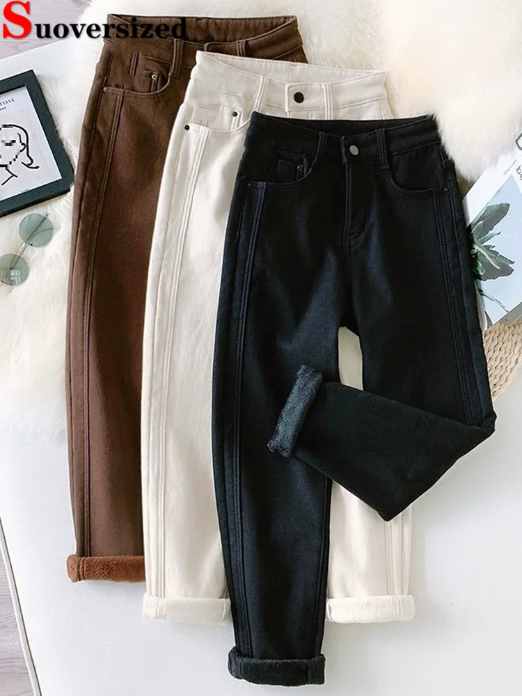 Vintage High Waisted Thick Denim Pants Women's Casual Streetwear Ankle-length Jeans Plush Straight Retro Fashion Harem Vaqueros