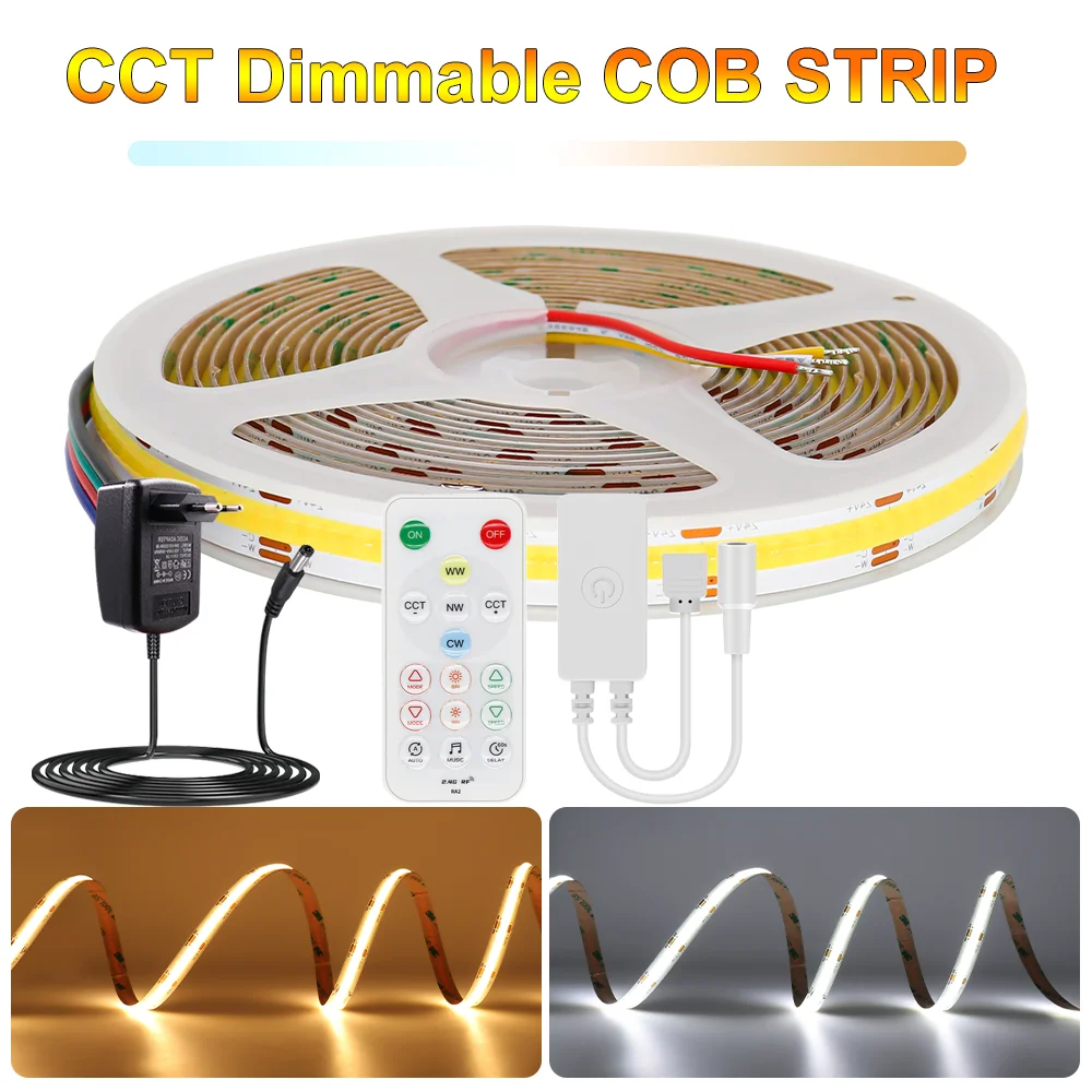 FOB COB CCT LED Strip Light Kit 2700K-6500K Color Temperature 12V 24V CCT LED Strip with Bluetooth Dimmer RF APP Control