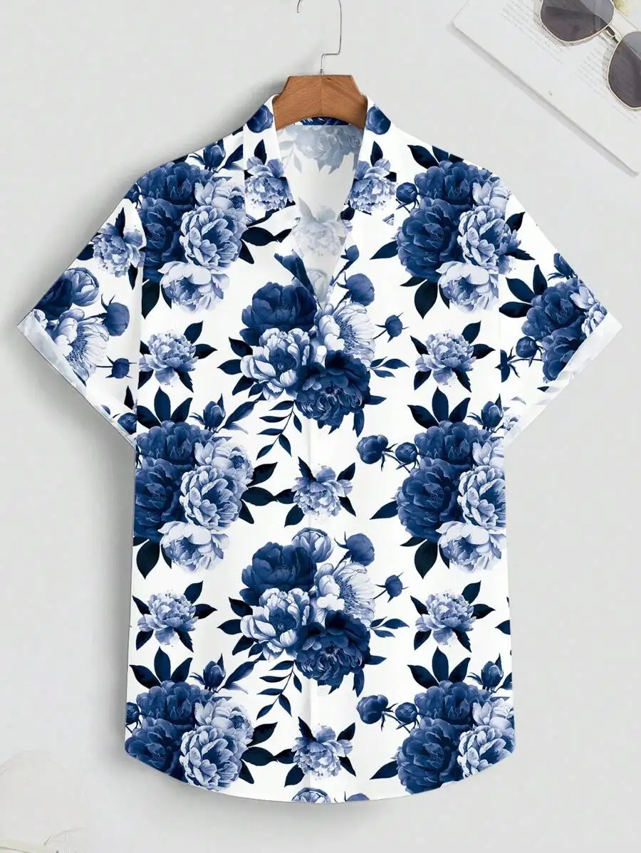 

Mens Blue Floral Print Short Sleeve Button-Up Shirt Slim Fit For Summer Casual Wear And Vacations