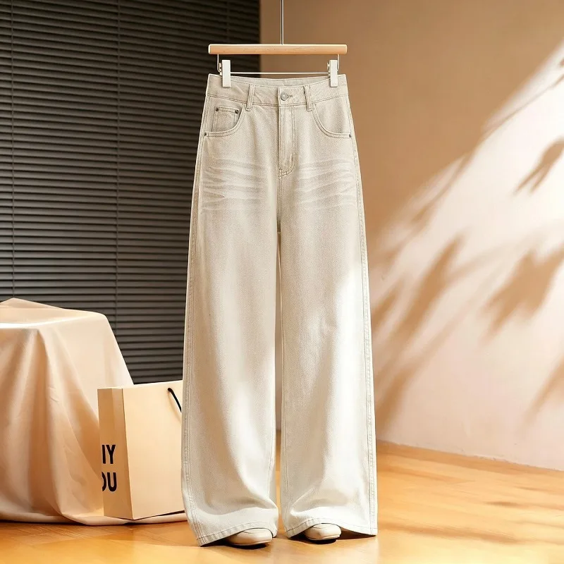 2026 Distressed Slub Pattern Jeans Women's Washed Denim Straight Trousers Autumn High-waist Loose Wide-leg Pants Casual Jeans