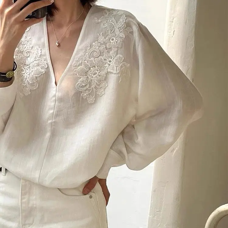 

Hand Embroidered Cotton Linen Shirt Women's Spring Summer Design V Neck Loose Fit Linen Cotton White Shirt Skin Friendly Brea...