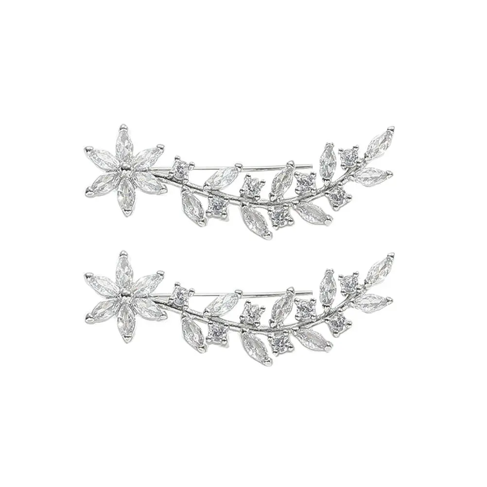 1Pair Leaf Climber Earrings Flower Design Ear Crawler Rhinestones Elegant Sweet Temperament Lightweight Comfortable Trendy Gift