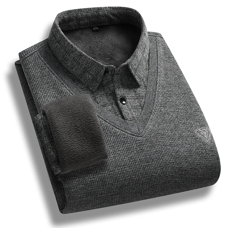 Autumn Winter Turn-down Collar Flocking Checkered Button Striped Men\'s Clothing Pullover Casual Formal T-shirt Fashion Tops