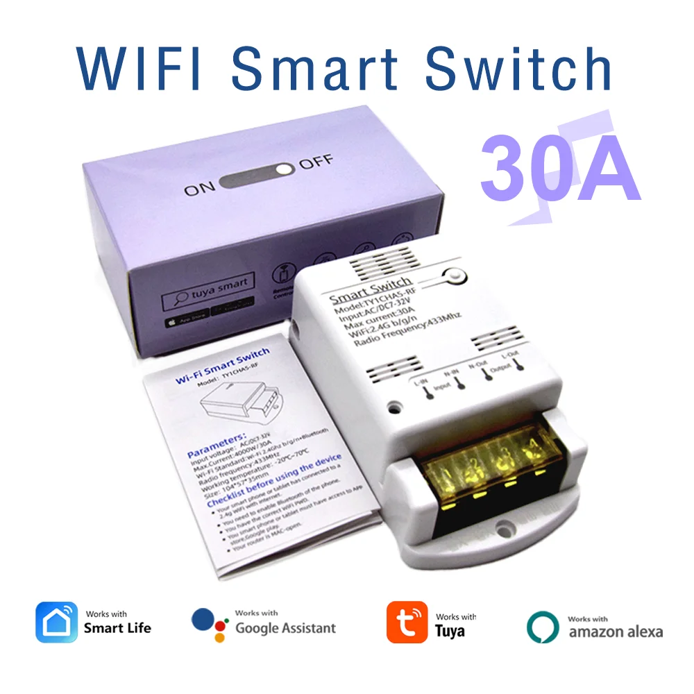 Wifi 30A Relay Module 85-250V 220V Smart Switch 20A RF Controller SmartLife Tuya Remote Control Alexa Google Home Automation 