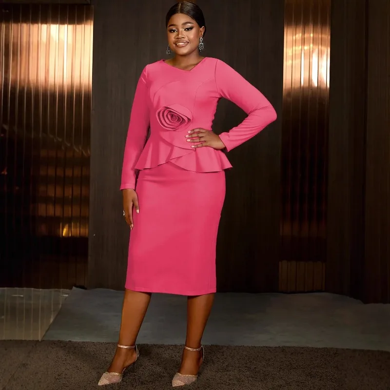 

plus Size L-4XL African Dresses for Women Elegant Long Sleeve V-neck Polyester Bodycon Midi Dress for Autumn Party Evening