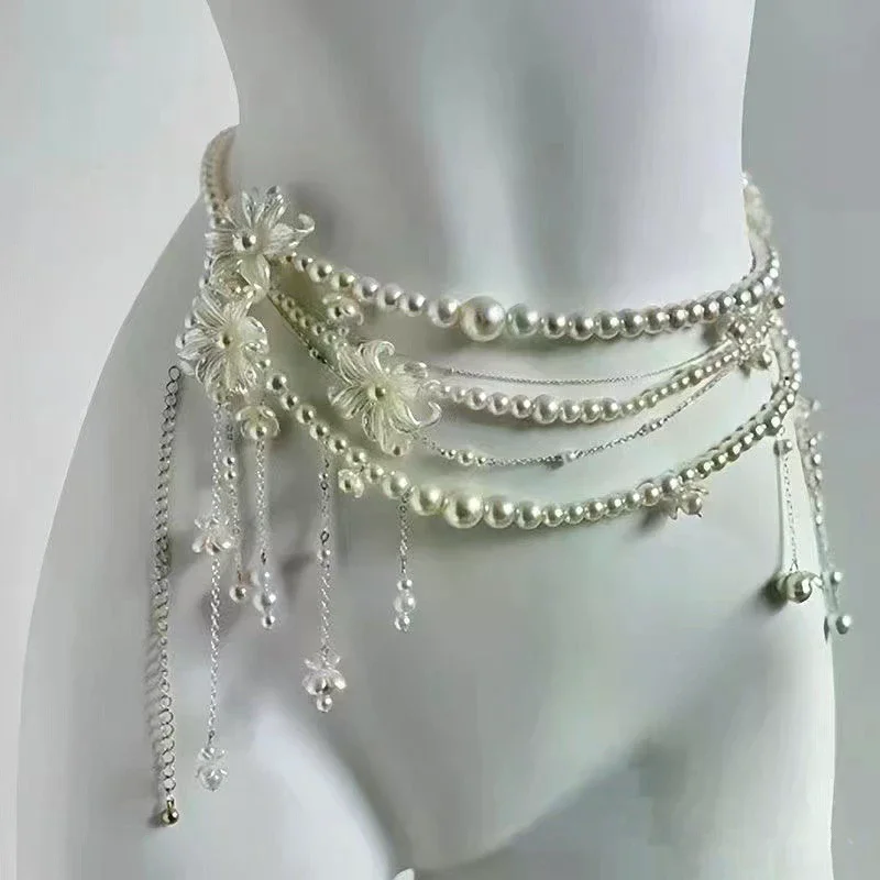 Multi-layer Flower Tassel Retro Style Imitation Pearl Waist Chain Banquet Charm Women's Body Chain Jewelry Clothing Accessories