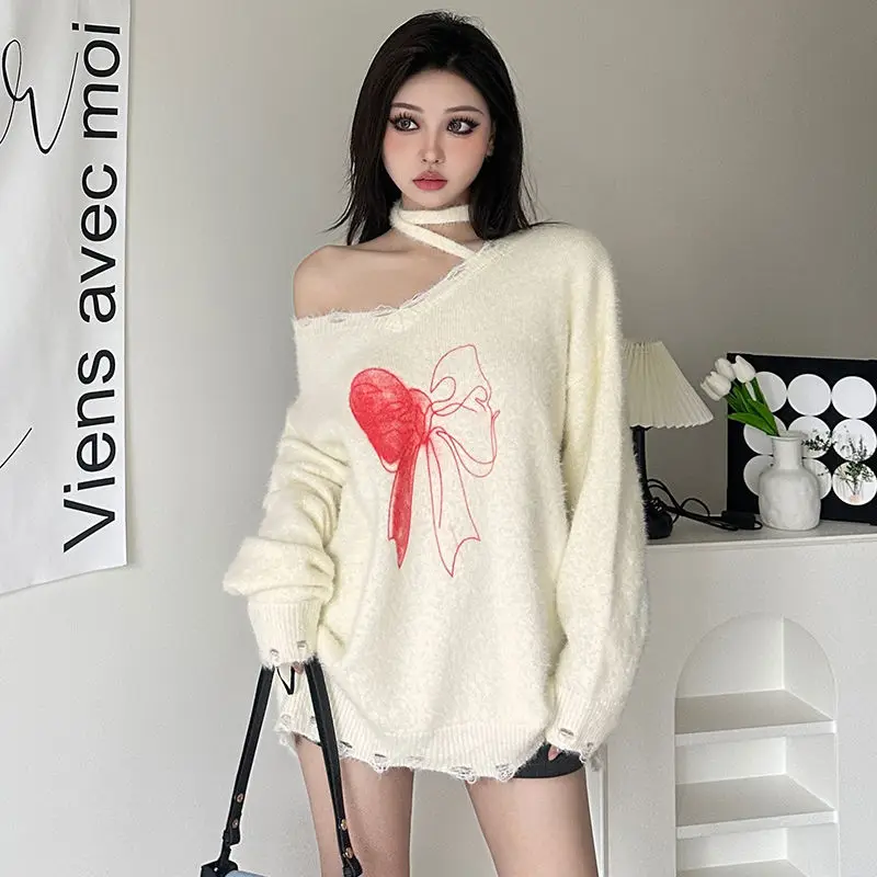 Sweater Bow Print Slant Collar Cross Design Oversized Sweater White Cute Korean Style Y2K Loose Knitted Pullovers Fall Winter image 3