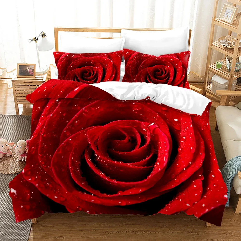 

Rose Polyester Duvet Cover Set King Full Size Red Blossom Flowers 3D Printed Romantic for Girls Women Couple Lover Bedding Set