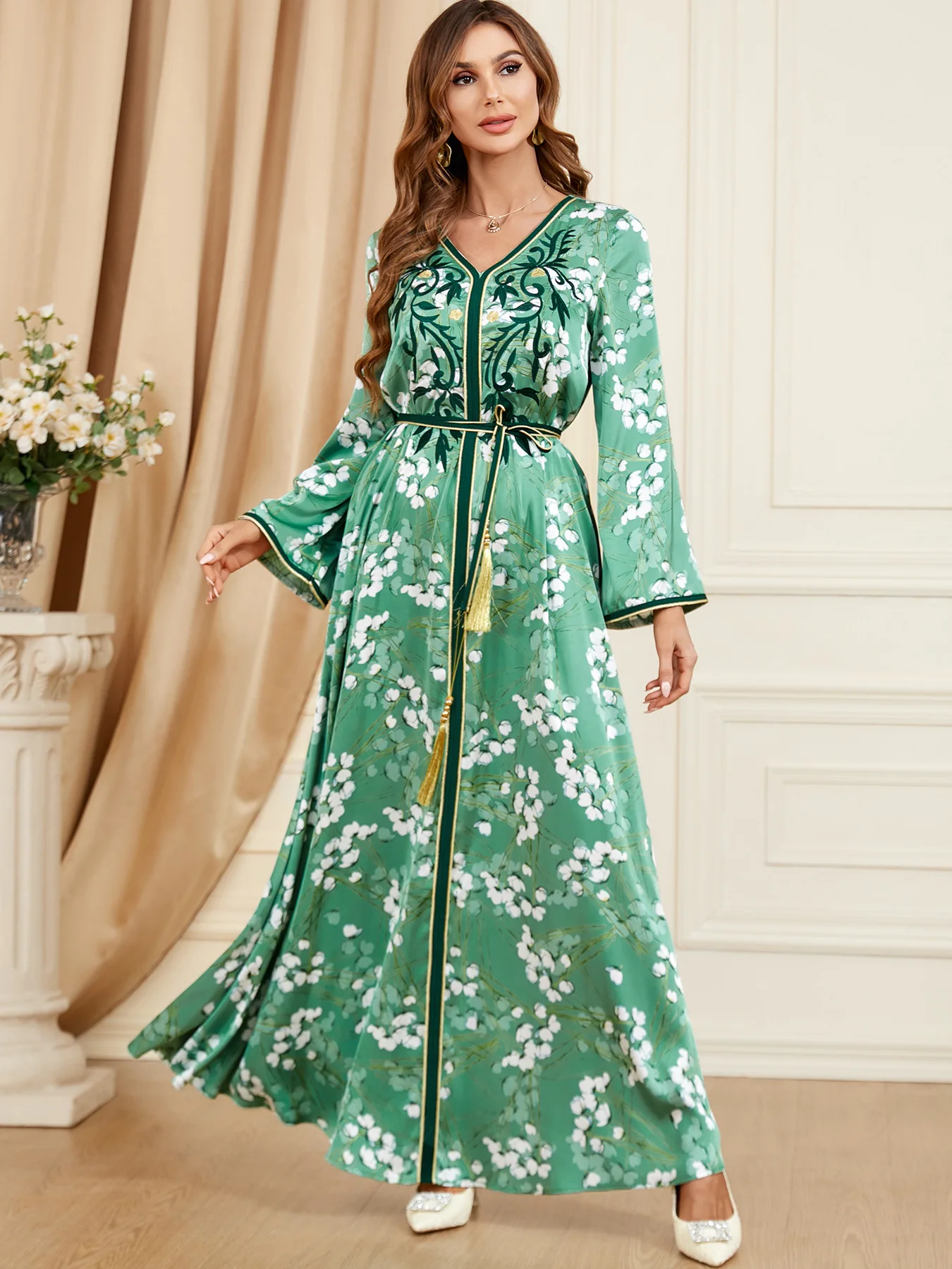 Autumn Muslim Jalabiya Dress for Women Print Abaya Ramadan Party Long Dresses Abayas Woman Lace-up Kimono Robe Caftan Vestidos