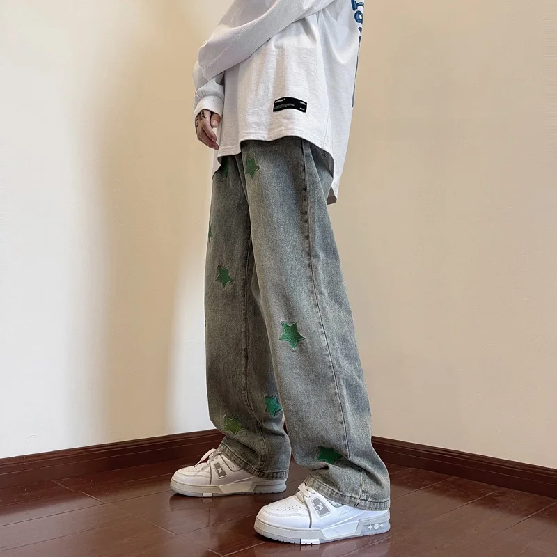 

Retro Distred Embroidered Denim Jeans Men's Loose Straight Leg Long Trousers Street Hip Hop Loose Dad Pants Spring Autumn