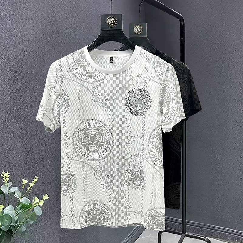 Summer Men's T-shirts New Fashion O-Neck Half Sleeve Solid Color Breathable Printed Daily Casual All-match Slim Thin Ice Tops