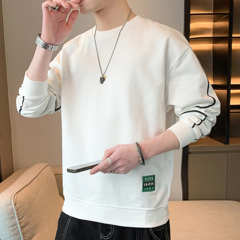 

Korean Youthful Vitality Pullovers O-Neck Fashion Bright Line Decoration Spring Autumn Men's Patch Designs Loose Sweatshirts New