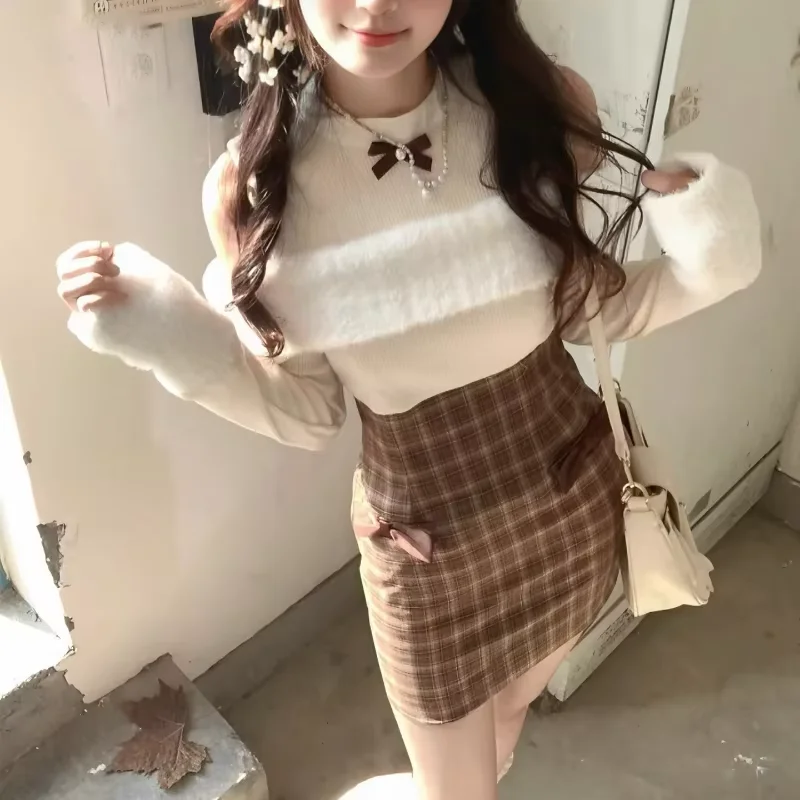 Vestido japonés elegante de Lolita para mujer, vestido Kawaii con lazo y hombros descubiertos, vestidos a cuadros de retales de manga larga, vestido de princesa de fiesta Y2k