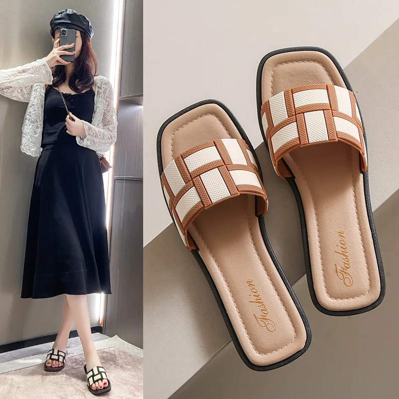 Women Square Toe Flat Sandals Slip On Casual Beach Slides Non Slip Outdoor Summer Shoes