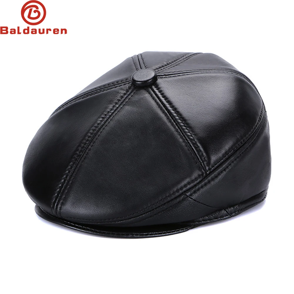 2024 Hot Sale Real Sheep Leather Berets Man Black Casual Duckbill Hats Vintage Luxury 100% Genuine Leather Winter Warm Flat Caps