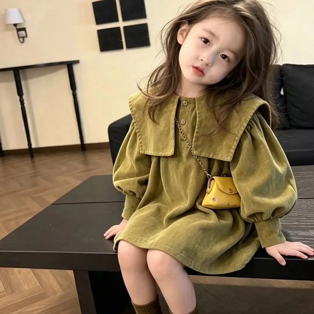 Girls Big Collar Long Sleeve Dress Spring Autumn New Kids Casual Princess Dress Children Clothing