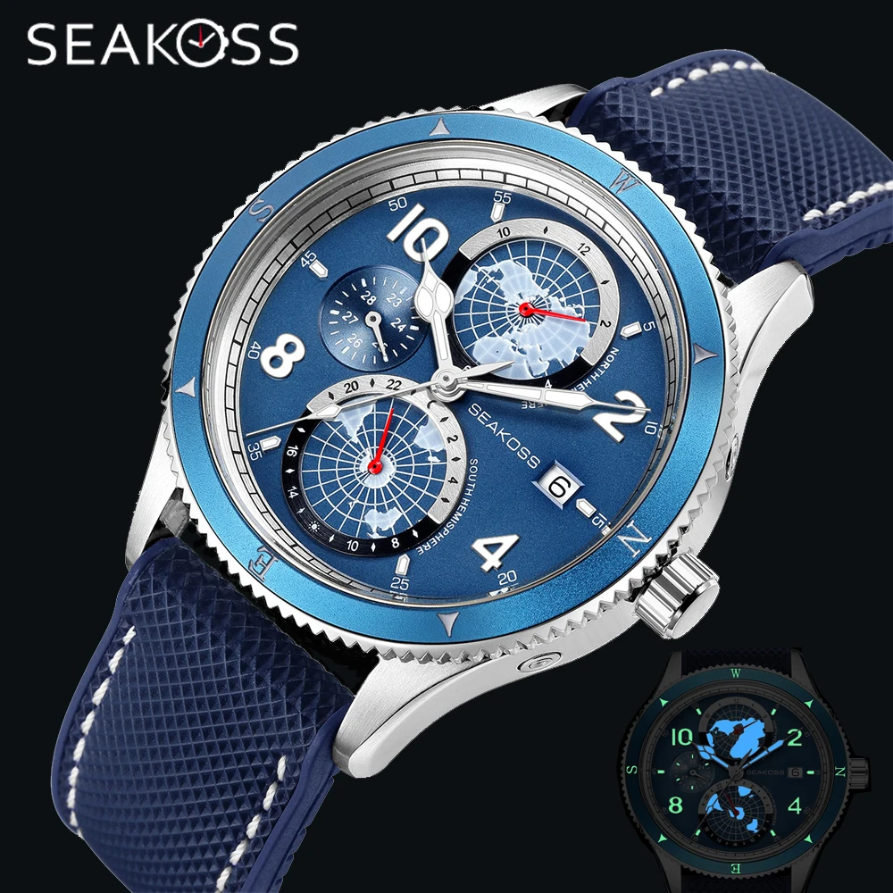 SEAKOSS 100M Men\'s Diving Watch Automatic Mechanical Wristwatch FKM Fluorosilicone 24hours Display Super Luminous Sapphire Clock