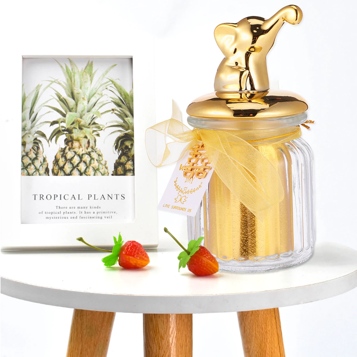 

1Pcs Wedding Candy Box Glass Overgild Jar Transparent Golden Animal Ceramic Candy Container Display Jar for Snacks Tea Gifts