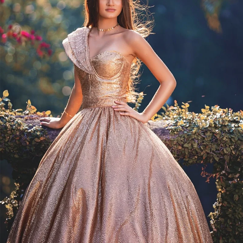 

simple Shiny champagne Quinceanera Dress Lace layering off-shoulder Tull vestidos de 15 Quinceanera ﻿Customized