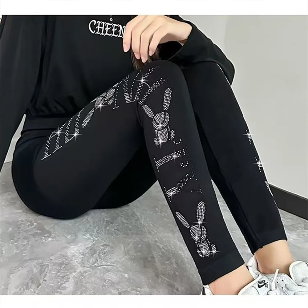 Fashion Sexy High Waist Rhinestone Leggings For Women Modal Cotton Tights 9/8 Length High Elastic Yoga Pants Plus Size Slimming