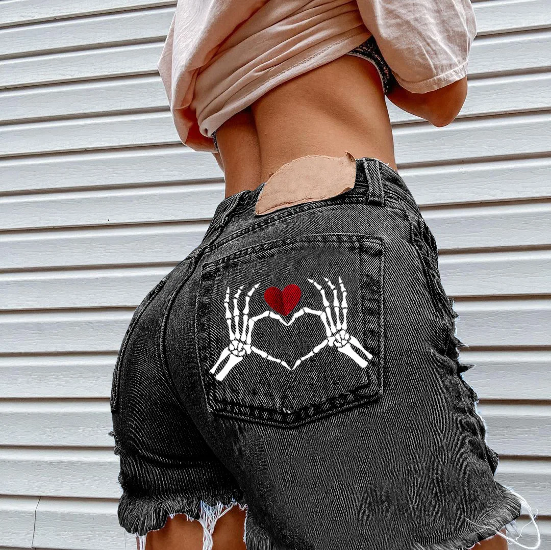 Women European American Street Heart Skull Bone Denim Shorts 2026 New Ripped Fringe Trendy Casual Short Jeans