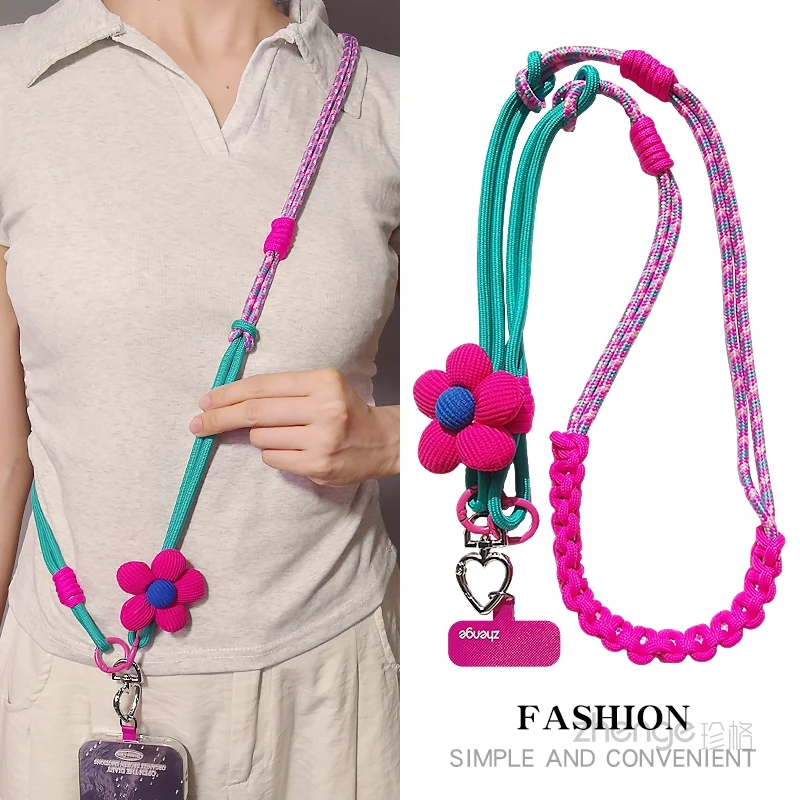 

Двухниточная тканая длинная подвесная веревка с цветком, простая и съемная короткая подвесная веревка через плечо с защитой от потери телефона