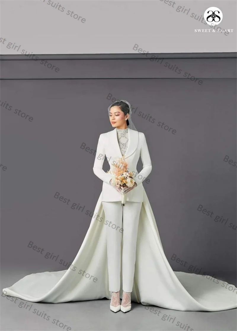 White Cotton Women Suits Pants Set 2 Piece Blazer With Long Train+Trouser Formal Office Lady Jacket Customized Wedding Prom Coat