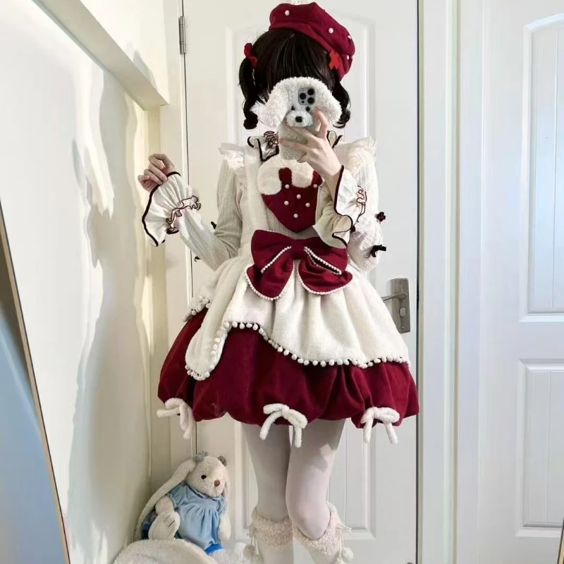 الكورية موضة لوليتا 2 قطعة مجموعات النساء الحلو الكشكشة بيتر بان طوق القمم القوس أفخم حزام فساتين اليابانية Kawaii Y2k وتتسابق #4