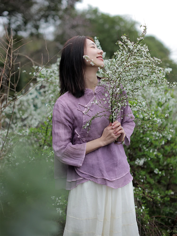 

Comfortable Breathable Light Chinese Sle irt Double Layer Asymmetrical Slimming Blue Slowly Changing Original Women's irt