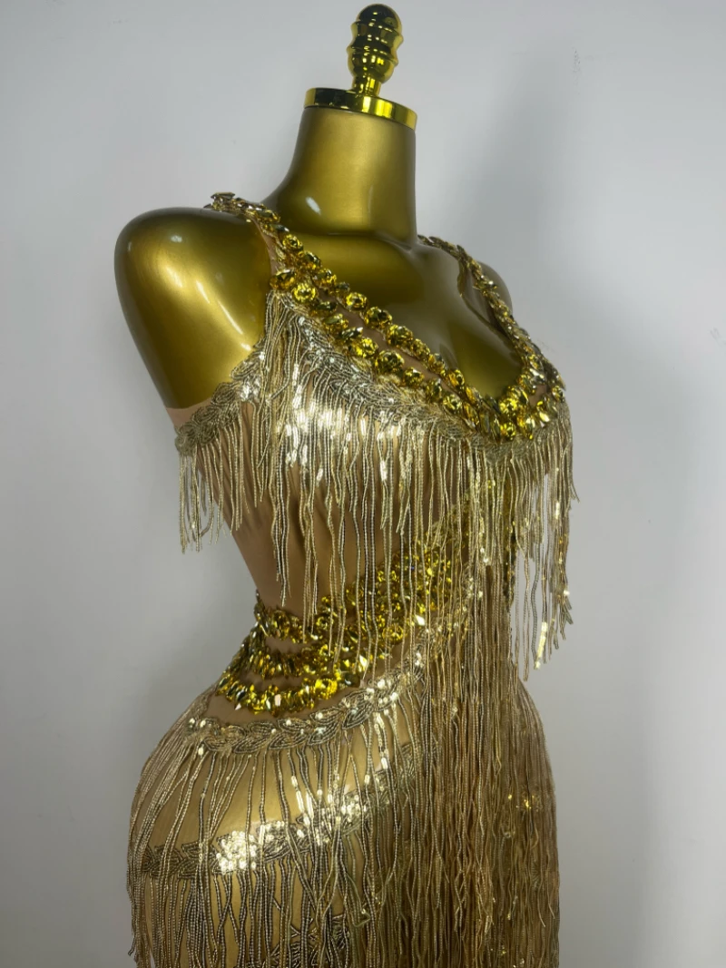 Shiny Gold Rhinestones Sequined Fringe Wide-leg jumpsuit Singer Stage Perform Costume  Women Sexy Night Party Club Outfit