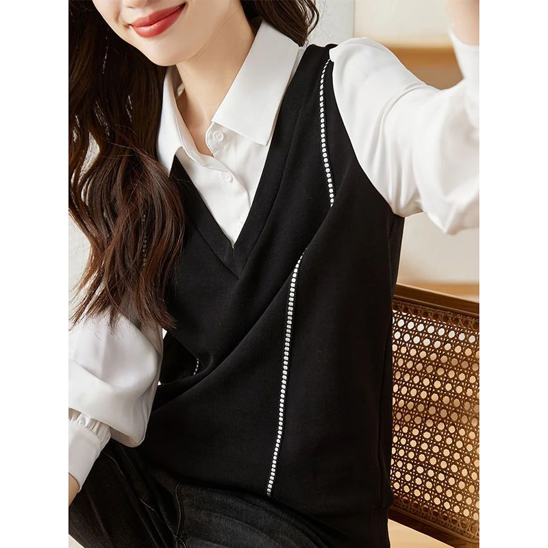 2023 Spring New Fashion Korean Simple Style Patchwork Tops Blouses for Women Casual Long Sleeve Slim Fake Two Pieces Sweet Shirt