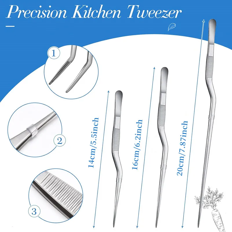 3 Sizes Stainless Steel Precision Kitchen Chef Tongs Tweezers for Food Cooking Picnic Barbecue Cake Decorating 14cm 16cm 20cm