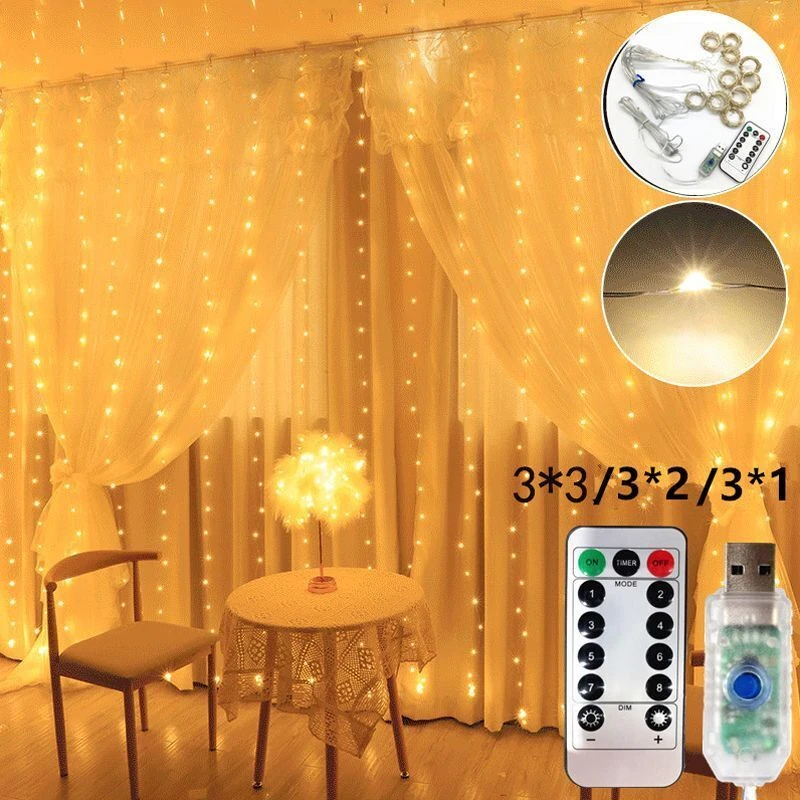 

8 Lighting Modes USB Wedding Curtain String Lights Inlcuding Remote Control Christmas Garland Holiday Party Bedroom Decorations