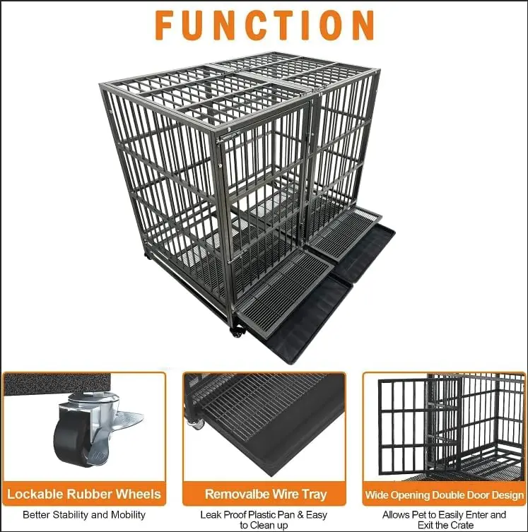 Escape-Proof Dog Crate Cage Kennel for Large Dogs, High Anxiety Dog Crate with Removable Crate Trays, Wheels and Double Door