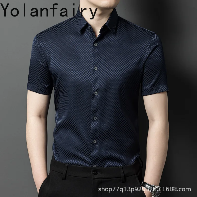 YOLANFAIRY 92% Mulberry Silk Men Shirts High Quality Summer Shirts for Men Short Sleeve Shirt Men Men's Clothing Рубашки Tops