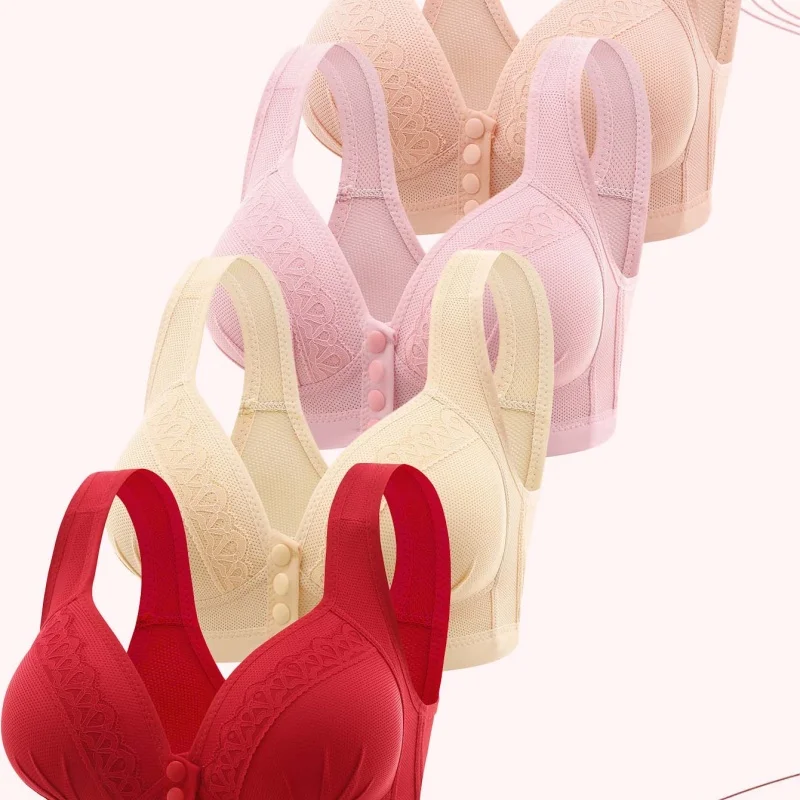 通気性の良いライトベージュのフロントクロージャーブラ4枚、魅力的なレディースフロントクロージャーブラ、フロントクロージャーブラ。